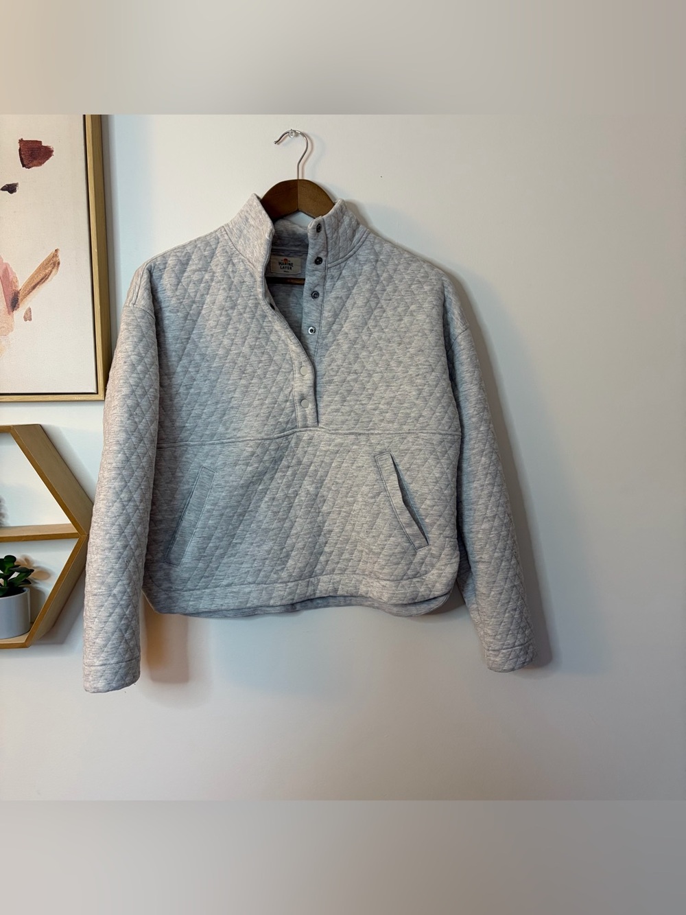 Marine Layer Quilted Snap Pullover Sweatshirt in Light Gray Small